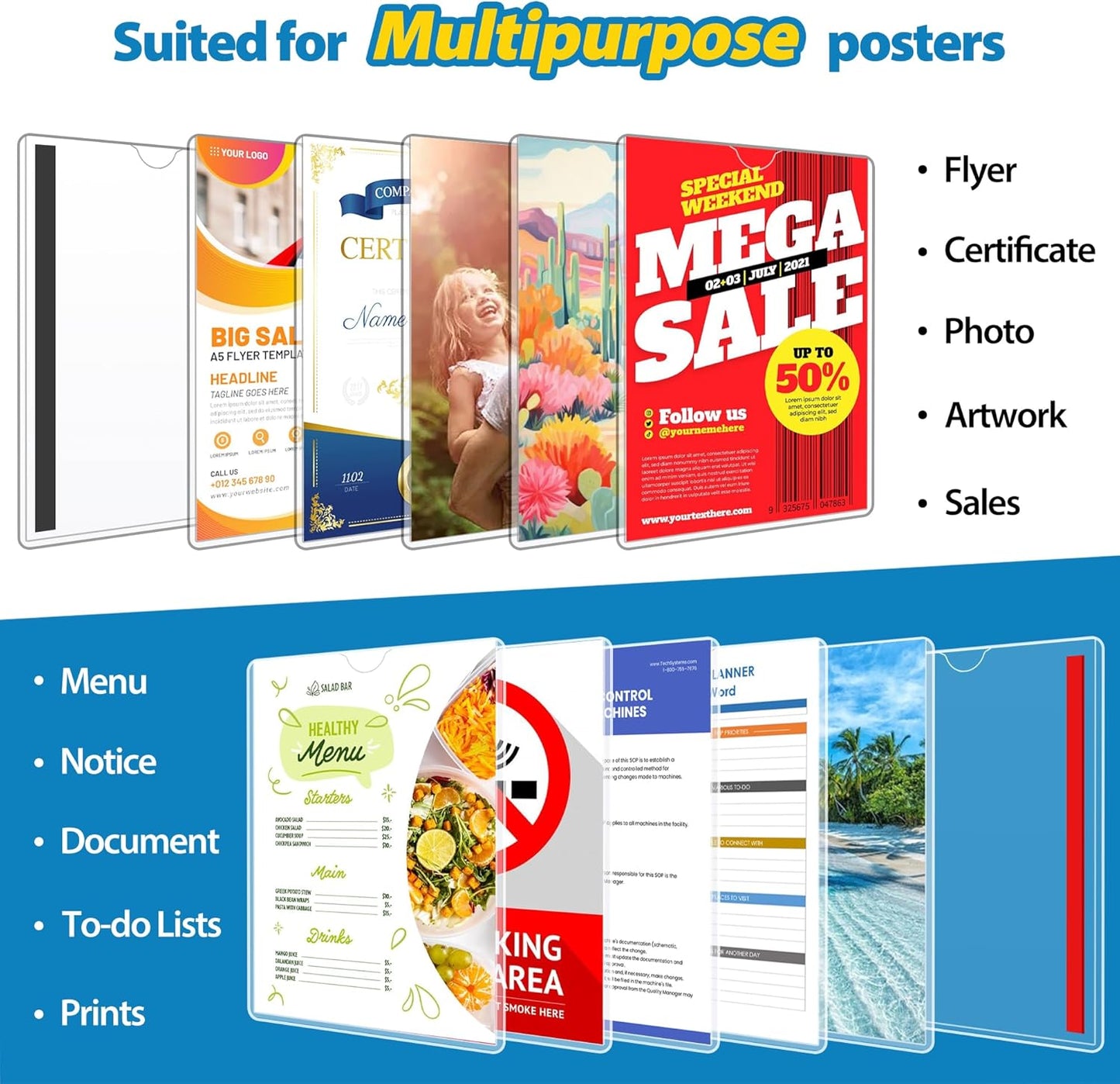 20 Pack Wall Sign Holder 8.5x11 Magnetic Plastic Sign Holder with Magnetic and Adhesive Tapes, Adhesive Clear Display Sign Frame for Fridge, Metal, Wall, Door, Document Protectors Holders