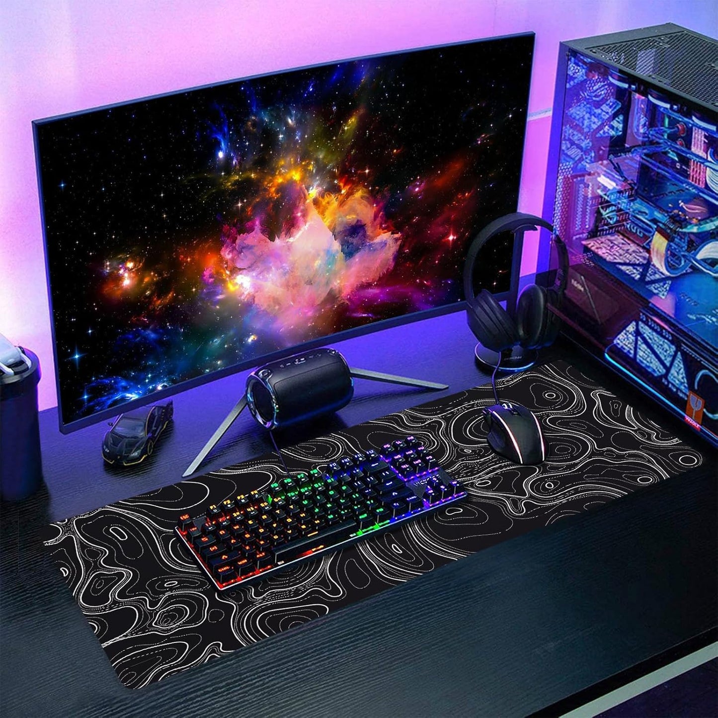 Topographic Map Black Gaming Mouse Pad XL Minimalist Topo Geographic White Lines Extended Large Mat Mousepad Desk Pad Non-Slip Rubber Base Stitched Edge Long Keyboard Pad for Computer,31.5×11.8 in