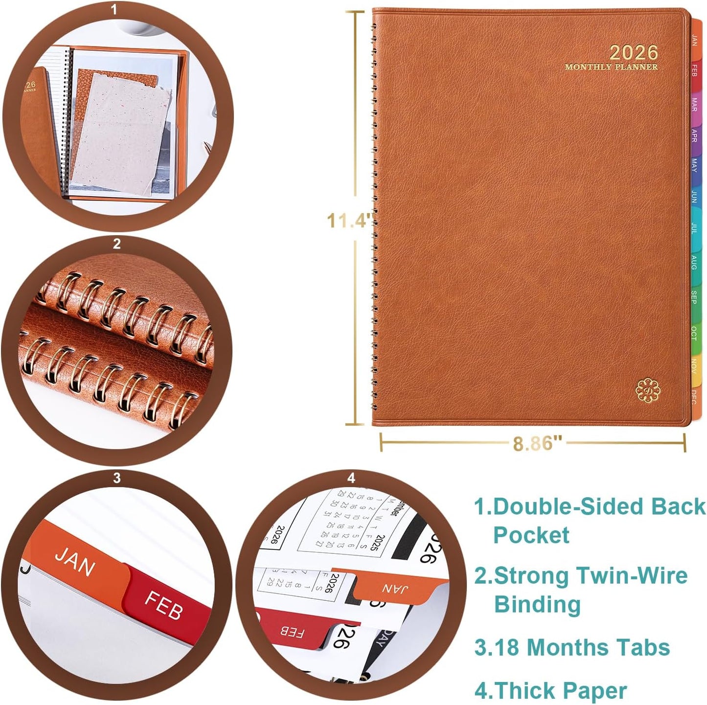 2026 Monthly Planner - Monthly Planner 2026 from JAN. 2026 to DEC. 2026, 8.86'' x 11.4'' with Coated Tabs, Inner Pocket