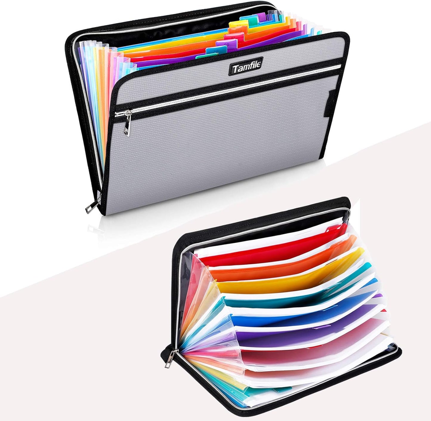 Fireproof Safe Waterproof Accordion File Bag Folder Expanding Filing Folder with 14 Multicolored Pockets, A4 Letter Size, Document Organizer Holder and Color Labels /2 Zipper (Silver 14.3" x 9.8")