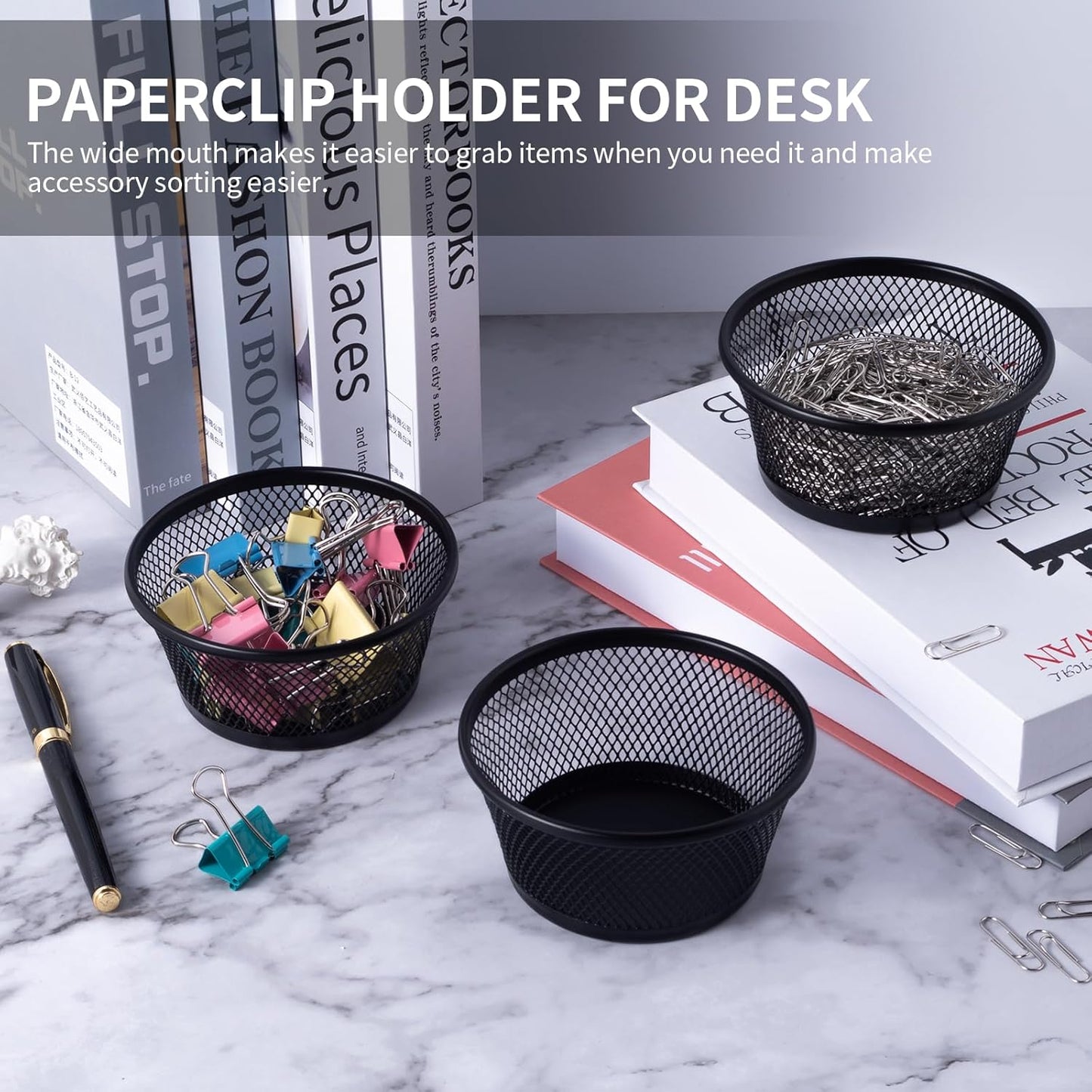 SLSON 6Pack Paper Clip Holder Wire Mesh Paperclip Dish Holders Desktop Round Paper Clip Dispenser for Desk Office Organizer Accessories,Black