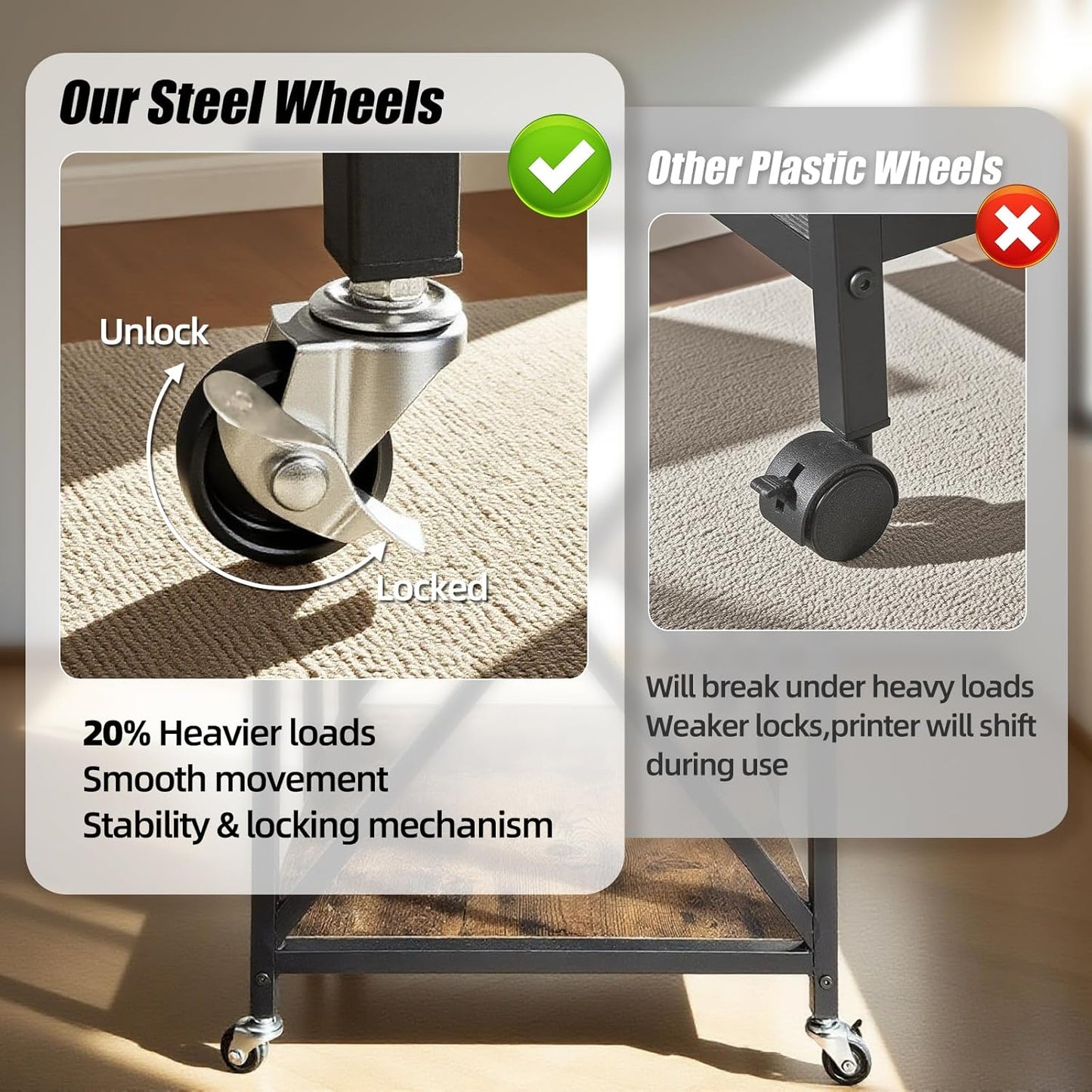 Large Printer Stand, X-shaped Printer Stand with Storage, 24"W x 17"D x 32"H, Mobile Printer Table with Wheels for Home Office, Rolling Cart for Computer Tower, Printer and Shredder, Bearing 300lbs