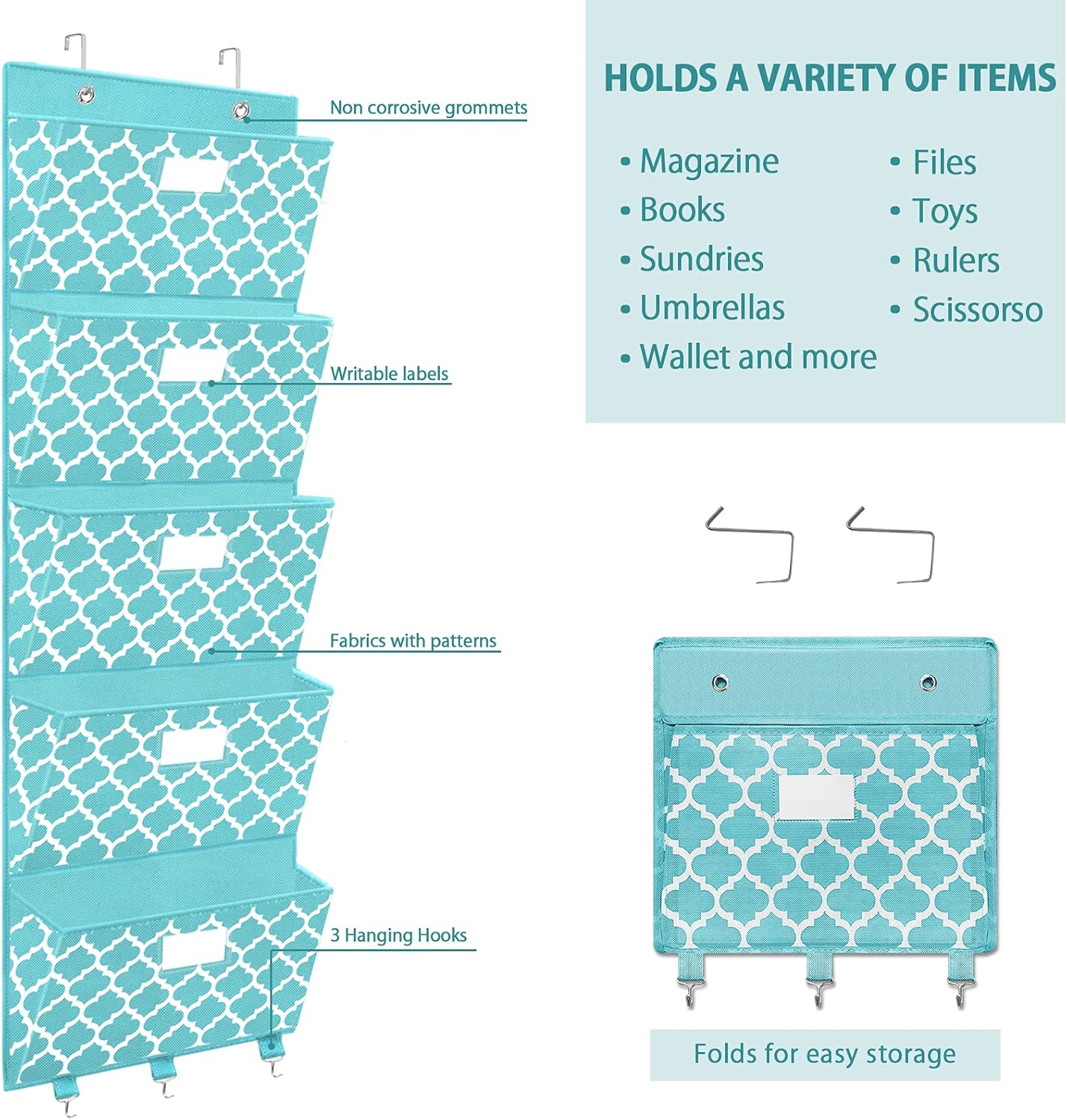 Over the Door File Organizer, Hanging File Folders, Wall Organizers and Storage for Mail, Magazine, Notebooks, Planners, Office, Classroom, 5 Extra Large Pockets, 50.39” Tall (Blue Lantern Pattern)