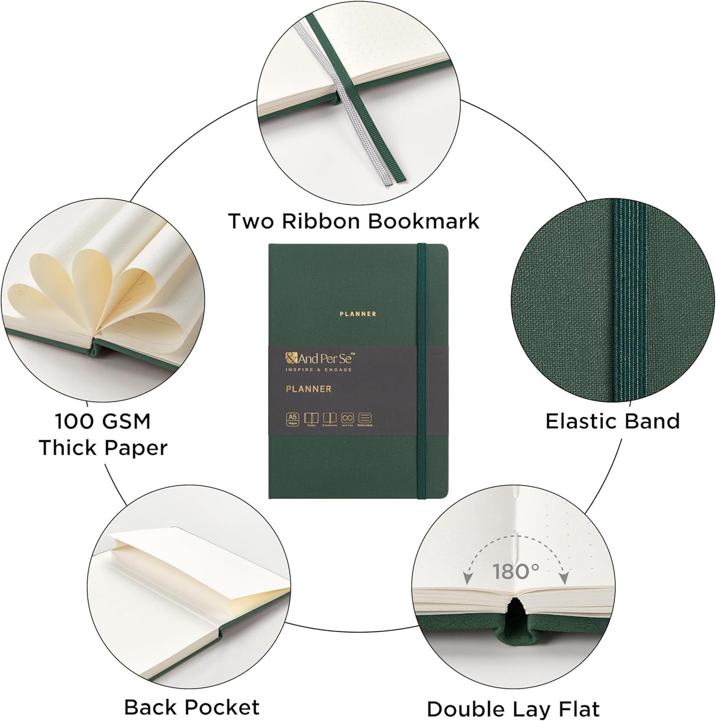 And Per Se Undated Academic Planner, A5 Weekly Calendar Planner, 72 Weeks Hardcover to Track Goals, Teacher Student Planning Book with Monthly Tab Stickers & Back Pocket (Green)