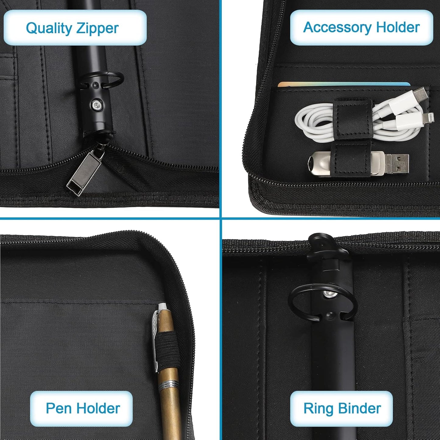 Yodo Zippered Portfolio 3-Ring Binder Business PU Leather Portfolio Interview Resume Legal Document Organizer Notepad Folder Padfolio for Men Women