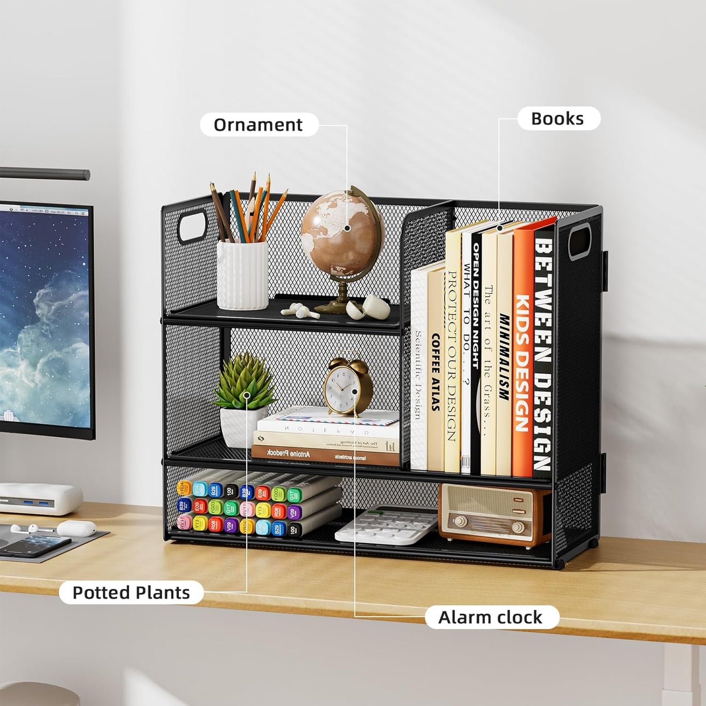 Marbrasse 3-Tier Desk Shelf Organizer with Handle, Desktop Bookshelf File Holder, Mesh Display Shelf Organizer Storage Rack for Office, Home, Supplies, Kitchen (Black)