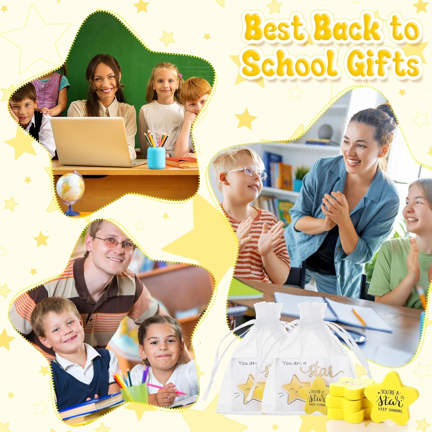Spakon 50 Pcs Inspirational Star Erasers for Kids Bulk Cute Back to School Erasers 1.57" Fun Eraser for Classroom Prize You're A Star Yellow Motivational Gift for School Student Rewards