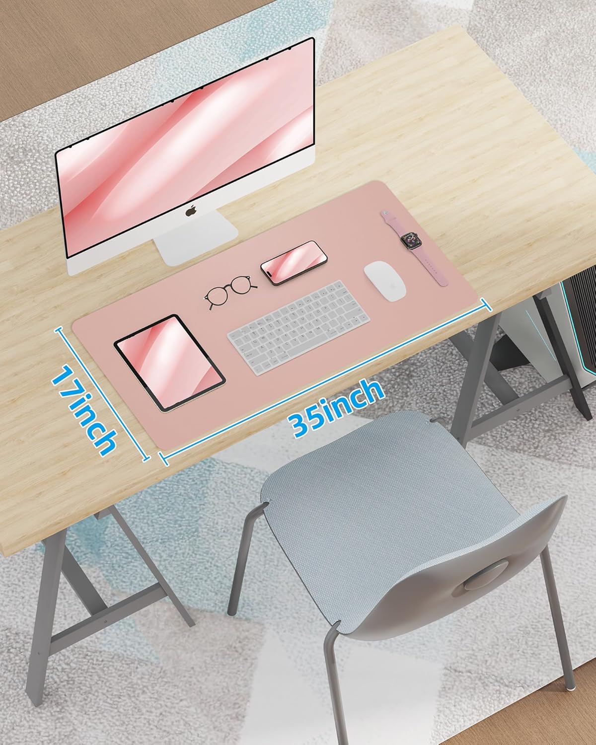 Leather Desk Pad Blotter,Mouse Pad,Office Desk Mat, Non-Slip PU Leather Desk mat,Large Desk mat,Waterproof Keyboard mat for Office/Home/Decor (Pink,35" x 17")