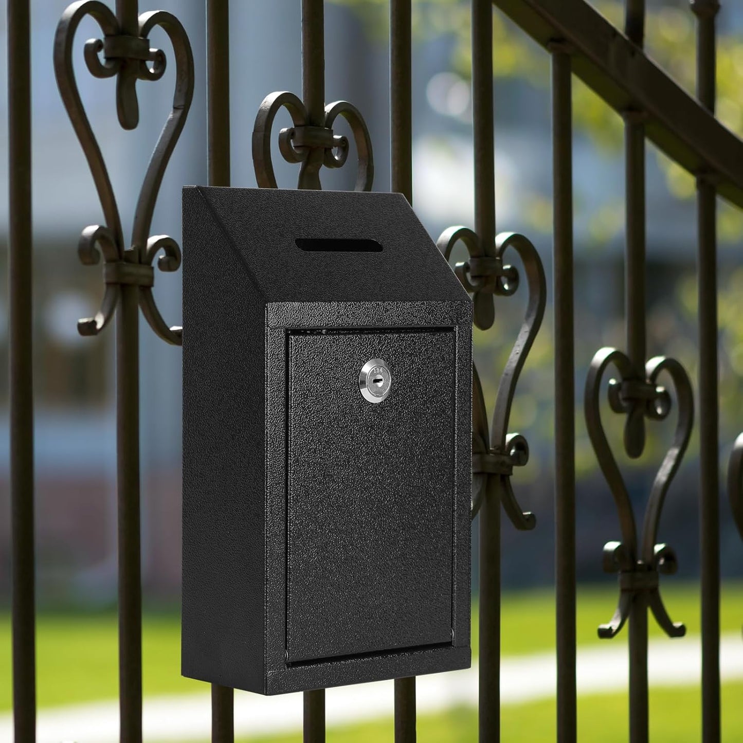 KYODOLED Money Cash Drop Box Wall Mount with Key, Metal Donation and Suggestion Box with Slot and Lock for Home, Farm or Office, Black, 10.24 x 5.7 x 2.95 Inch