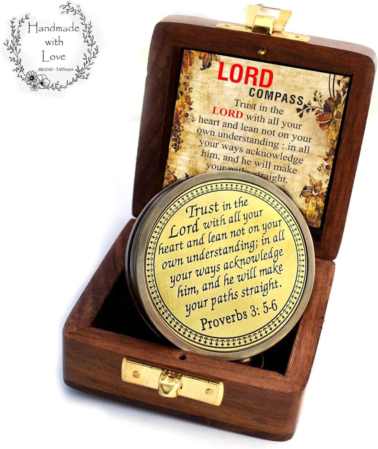 Trust in The Lord With All Your Heart - Proverbs 3:5-6 Quote Engraved Compass With Wooden Box, Greeting Card, Gift Compass, Graduation Day Gifts 2024 for Women Men Boys Girls