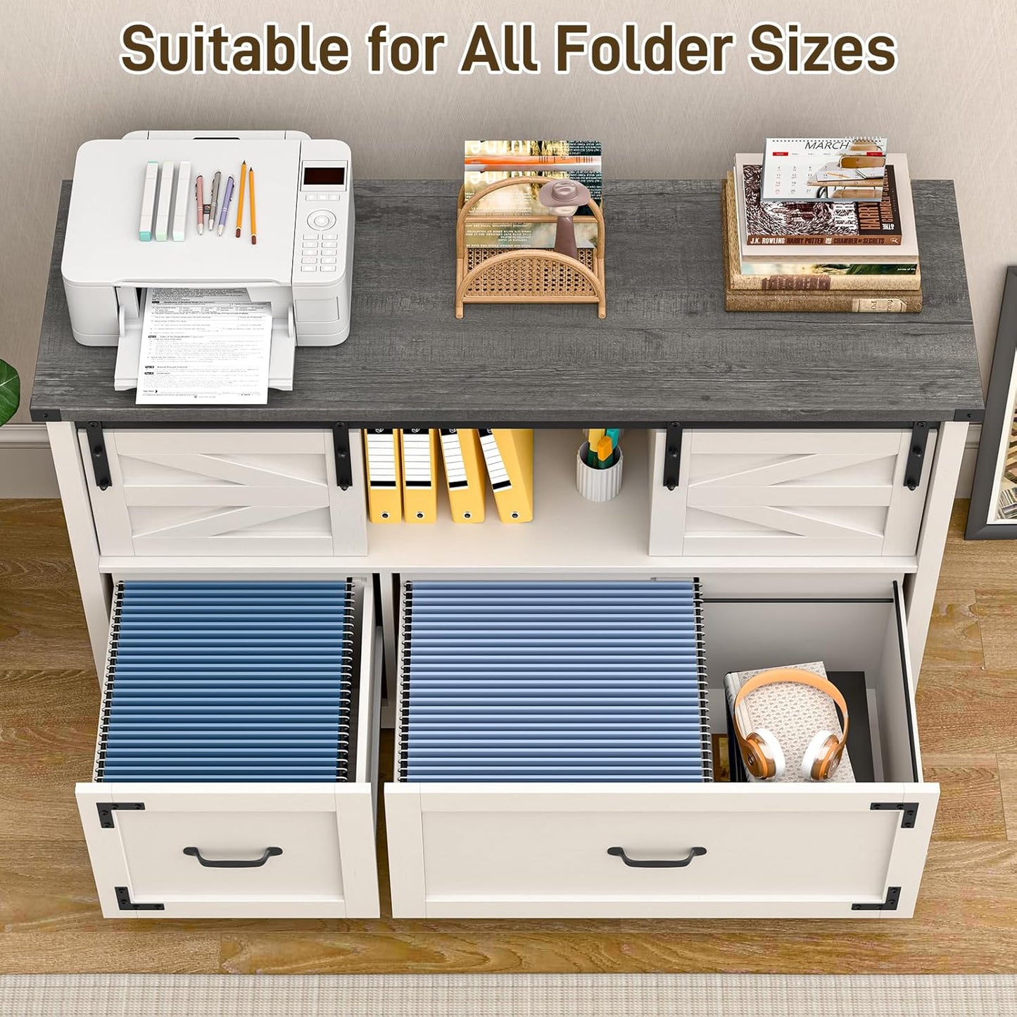 Lateral File Cabinets 2 Drawer with Sliding Barn Doors, Farmhouse Filing Cabinet with 2 Drawer for Home Office,Filing Organization Storage Cabinets for Hanging Files Letter/Legal/F4/A4.(Dark Grey.)