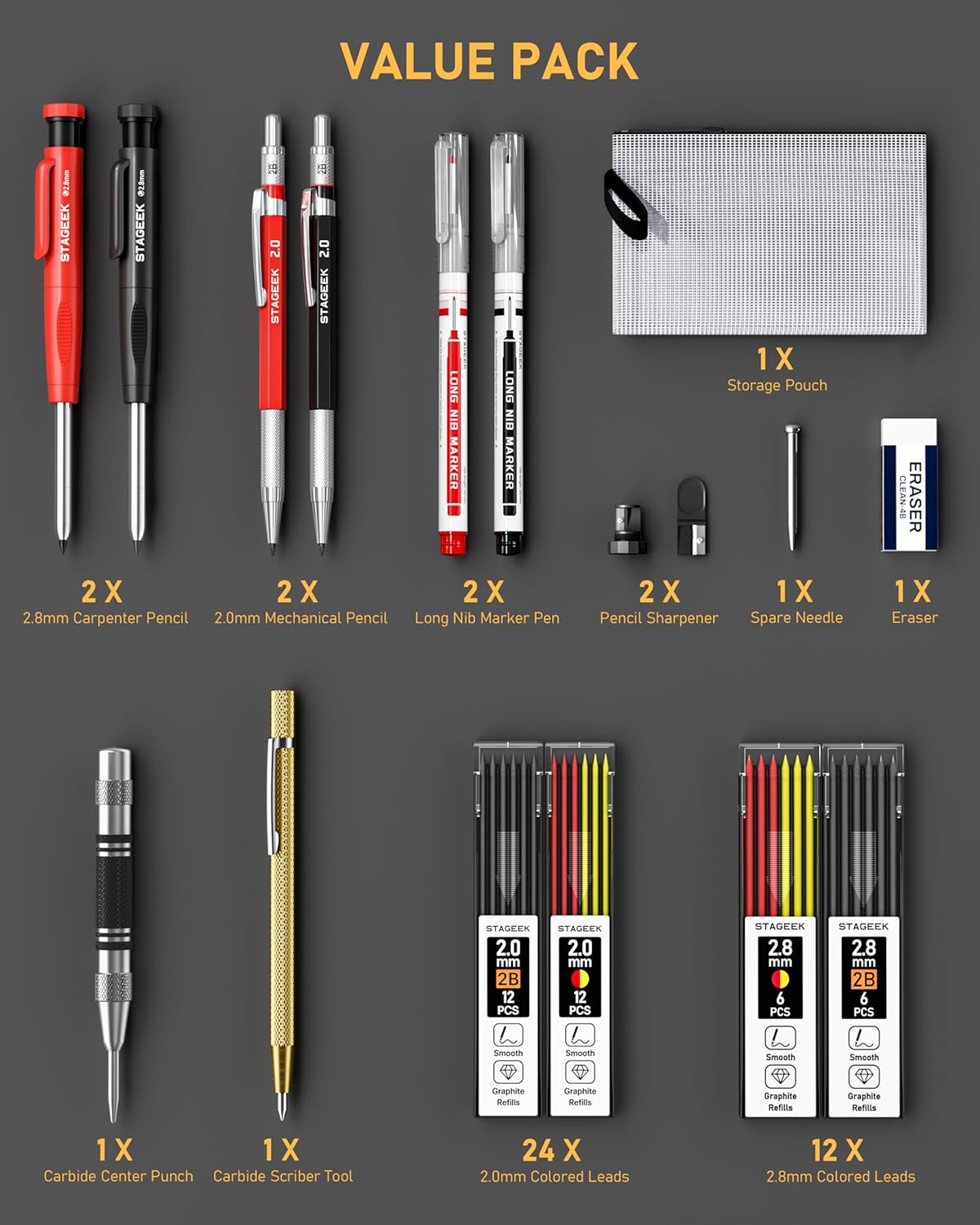 17 Pack Mechanical Carpenter Pencil Set with Sharpener 40 Refills, Automatic Center Punch, Carbide Scribe Tool, Eraser and Deep Hole Marker Pen, Heavy Duty Construction Pencil for Architect with Pouch