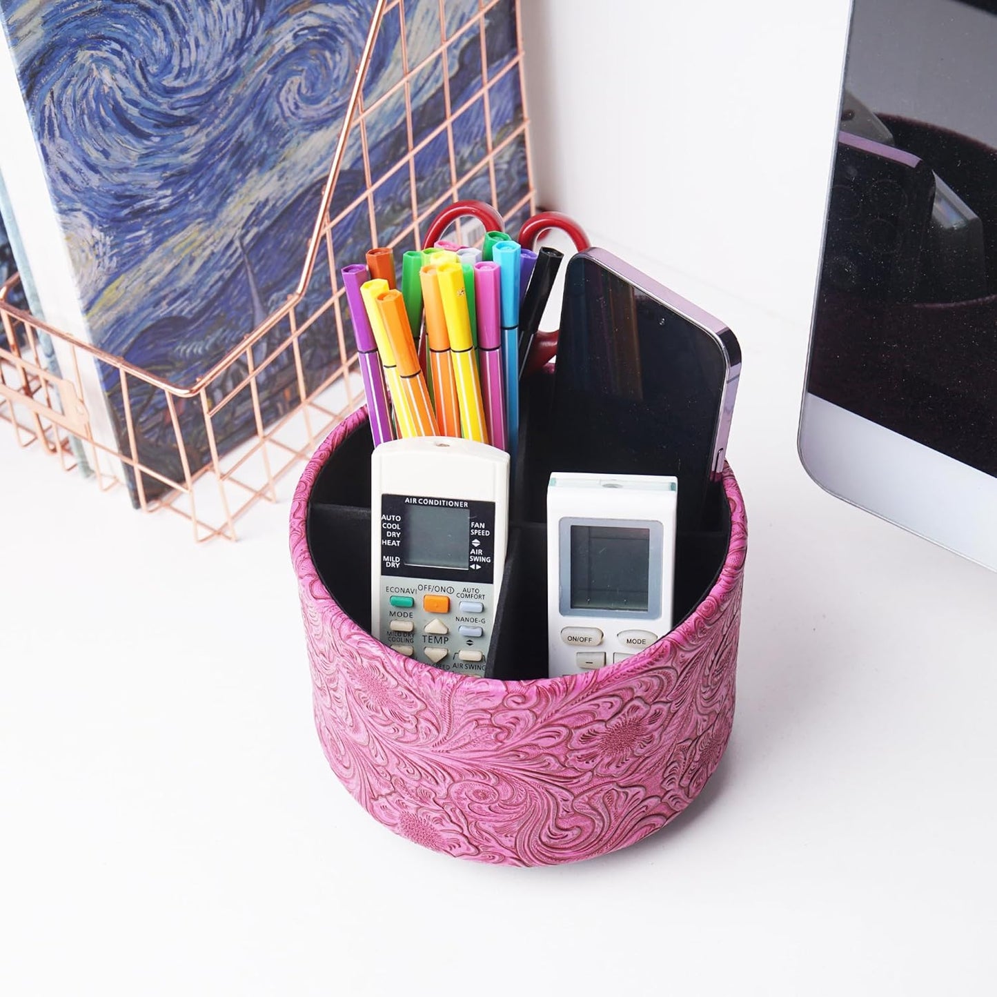 lizimandu Round Leather Art Supply Organizer,Remote Control Holder,360 Degree Spinning,Multi-Functional Pencil Holder,4 Compartments Desktop Stationary Organizer(1-Carved Red2)