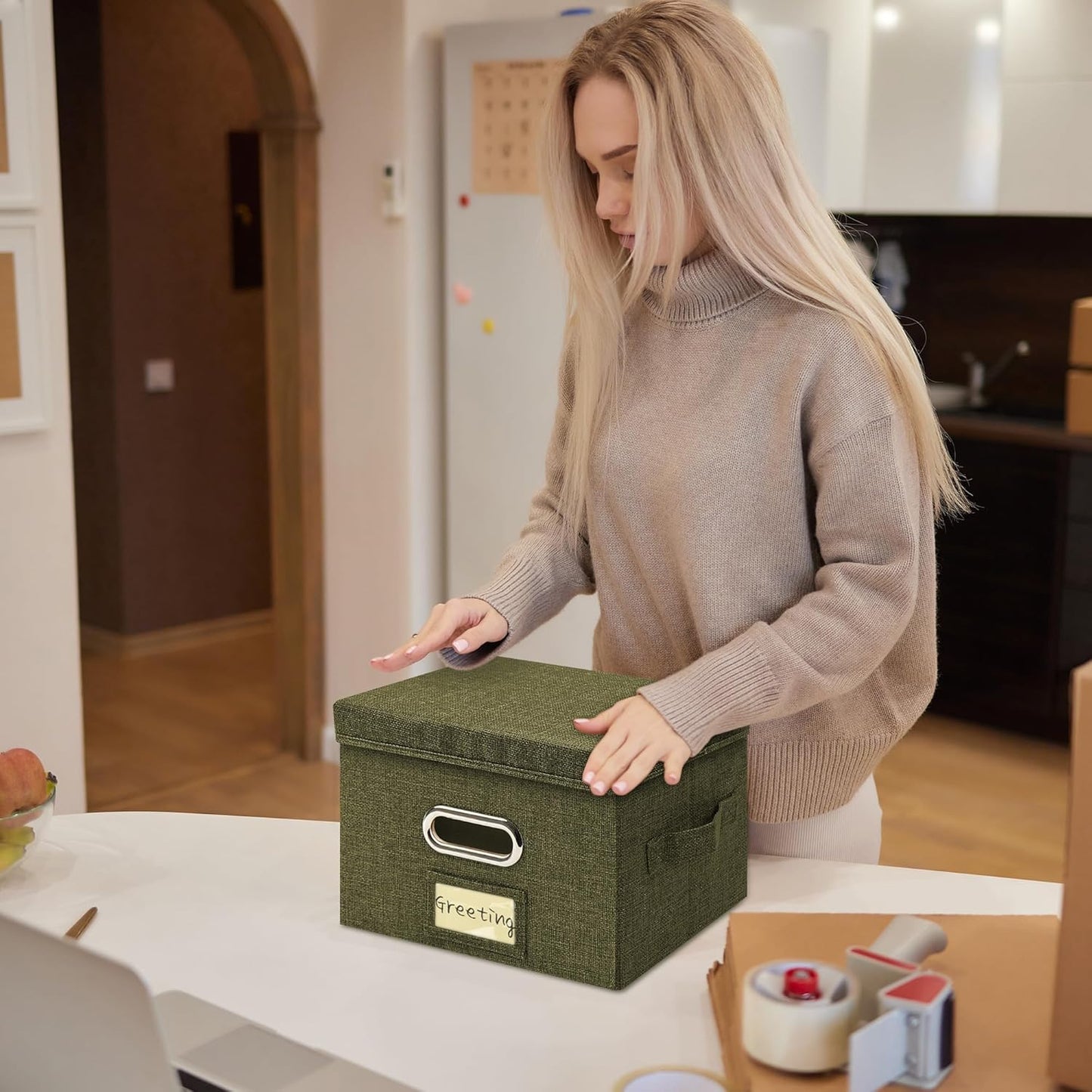 Greeting Card Organizer and Storage Box with 20 Pcs Adjustable Dividers, Storing Cards with 84 Pcs Labels Perfect for Storing Greeting Cards, Envelopes, Photos 1 Pack Olive Green