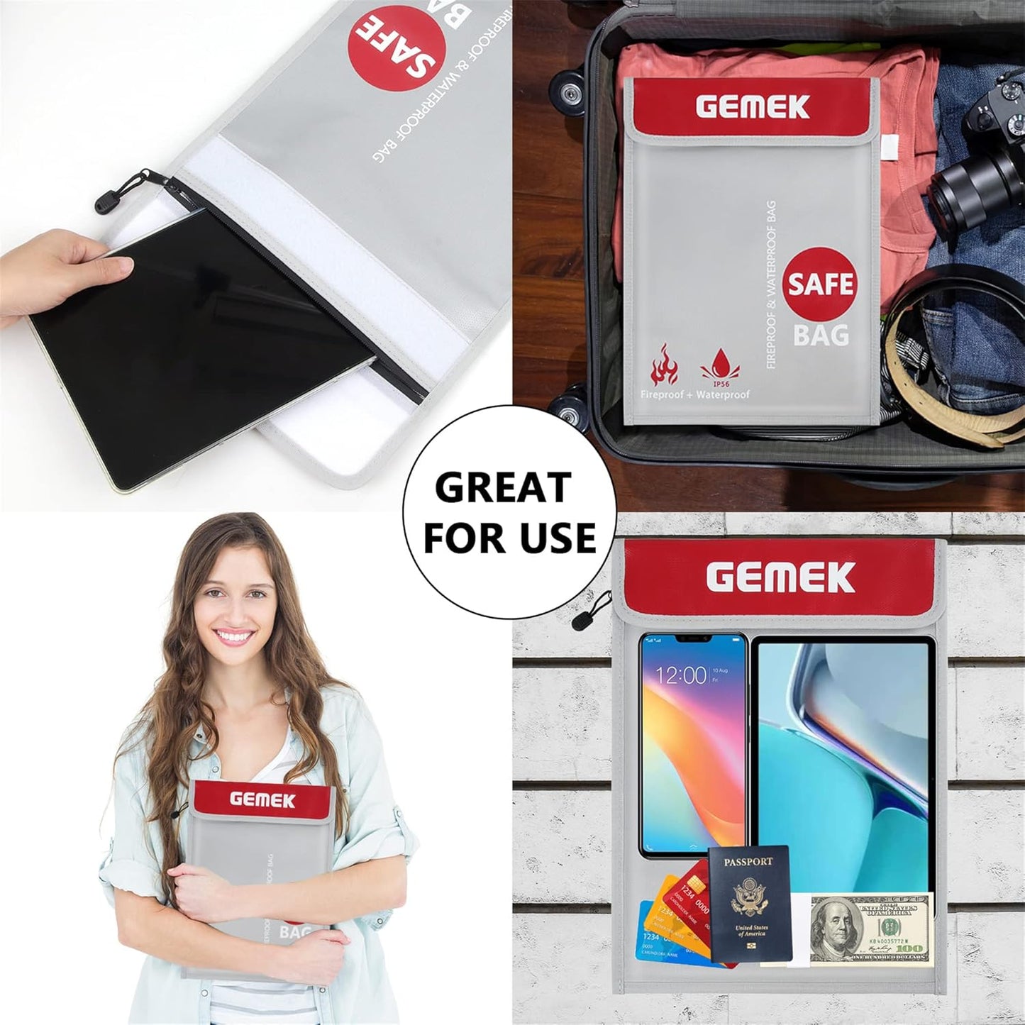 Fireproof Waterproof Money Document Bag 2 Pack, GEMEK Safe Zipper Bags, Fire & Water Resistant Storage Organizer Pouch for A4 A5 Documents Holder,File,Cash,Jewelry,Passport,Tablet,Laptop (Silver)