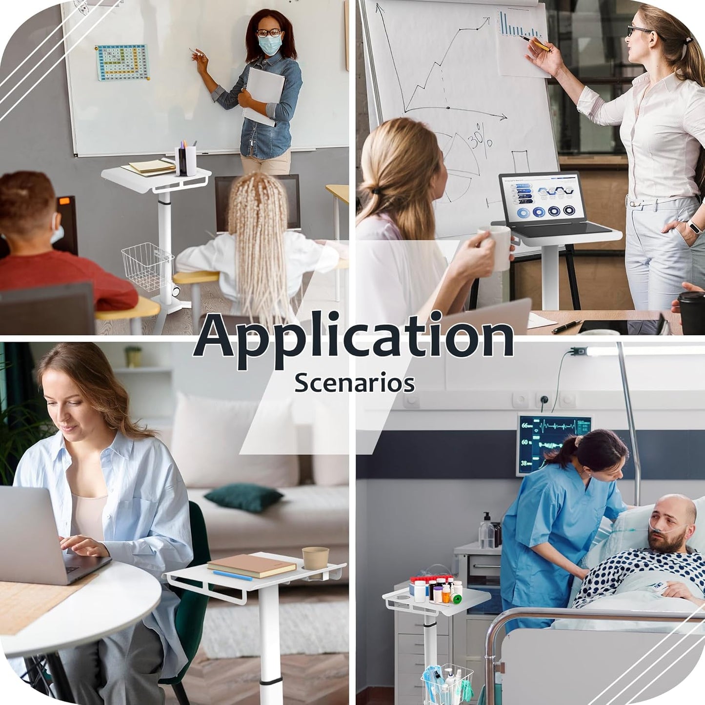 Adjustable Height Portable Laptop Desk with Wheels,White Computer Cart on Wheels,Standing Mobile Desk Workstation, Utility Medical Cart