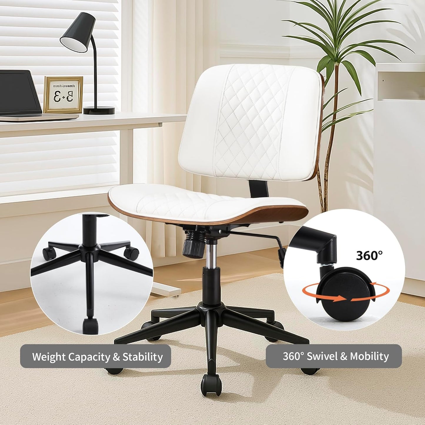 Stylish White Home Office Chair – Armless PU Leather Mid-Back Chair with Adjustable Height, Swivel Wheels, Walnut Finish for Study, Bedroom, or Dorm Room