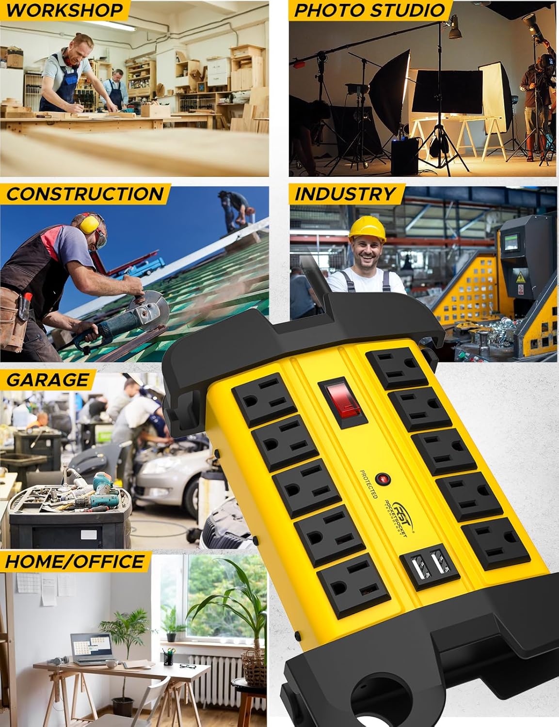 CRST Heavy Duty Power Strip with USB (3.1A),10-Outlet Metal Surge Protector Power Strip with 15FT Cord(2800J),15A Circuit Breaker, Wall Mount, ETL Listed