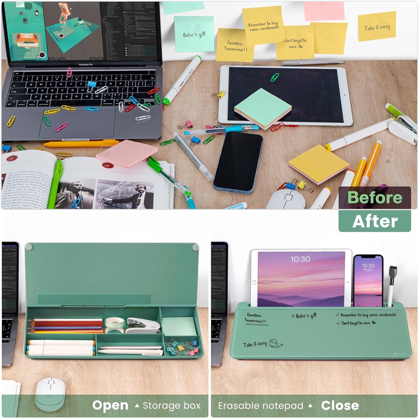 Varhomax Glass Desk Whiteboard with Storage, Desktop Organizer to-do List Memo Notepad Dry Erase White Board for Home Office and School Supplies (Green)