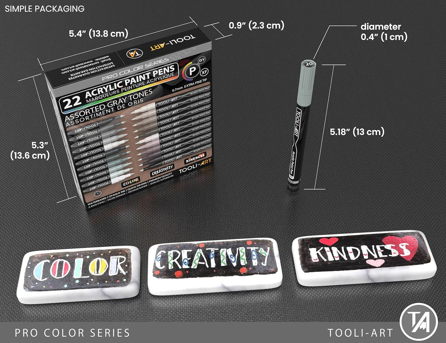 Acrylic Paint Pens 22 Gray Tones Assorted Pro Color Series Markers Set 0.7mm Extra Fine Tip for Rock Painting, Glass, Mugs, Wood, Metal, Canvas, Projects, Non Toxic, Waterbased, Quick Drying