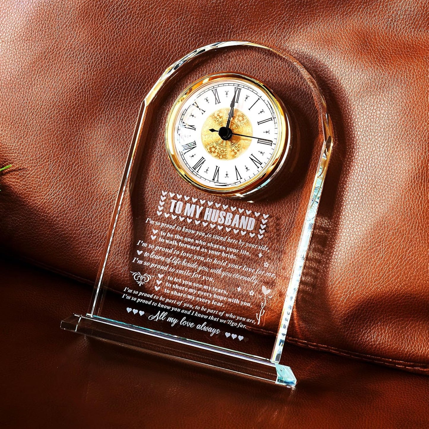 Gifts for Husband from Wife,Romantic Birthday Gifts for Husband Home Office Desk Decorations, Christmas, Wedding Anniversary, Valentine's Day and Father's Day Gifts Glass Clock Gift (Battery not Included) (Husband Gifts)