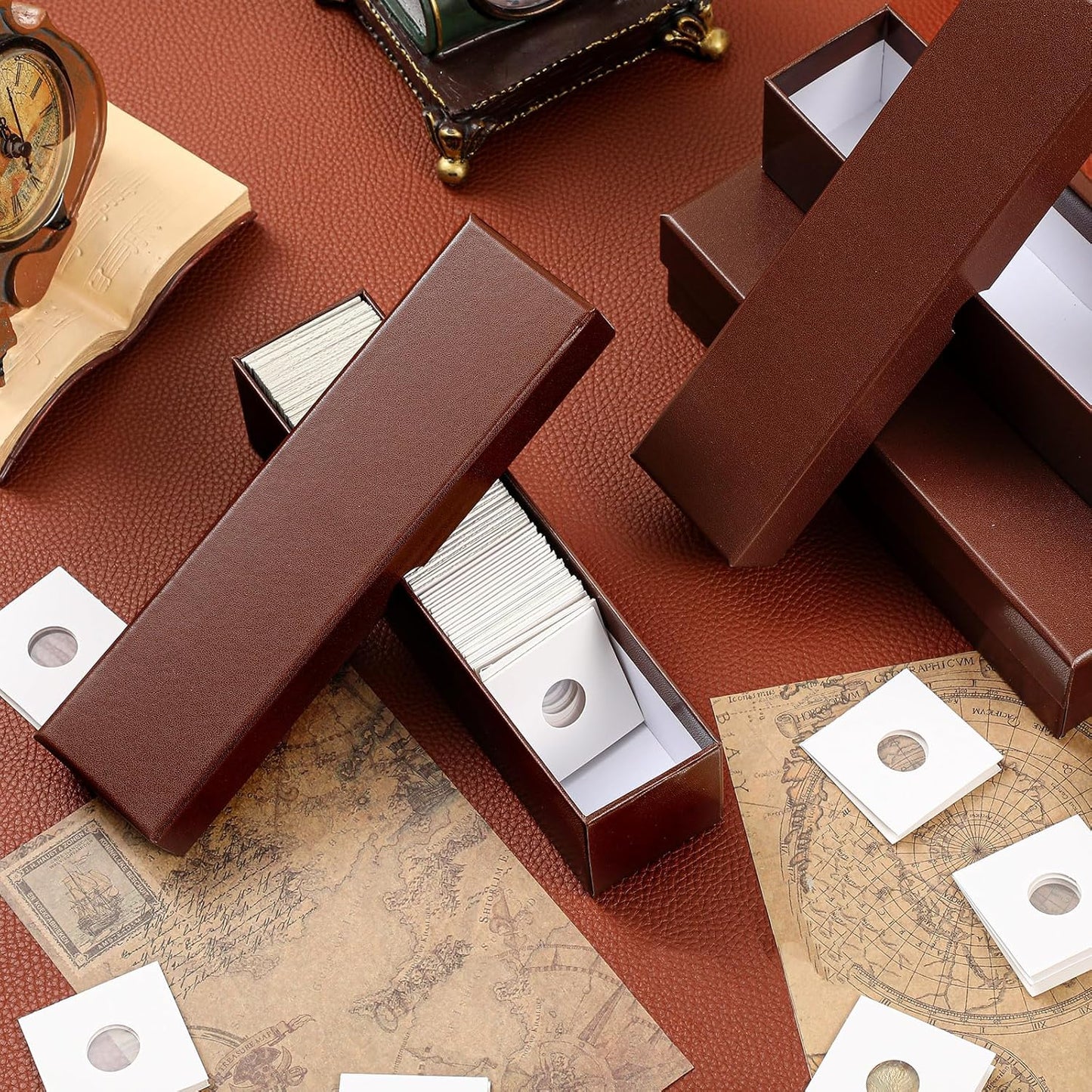 Teling 8 Pcs Coin Storage Box 2x2inch Flip Holders Collectors Coin Supplies Holders for Cents Collection Cardboard (Brown)