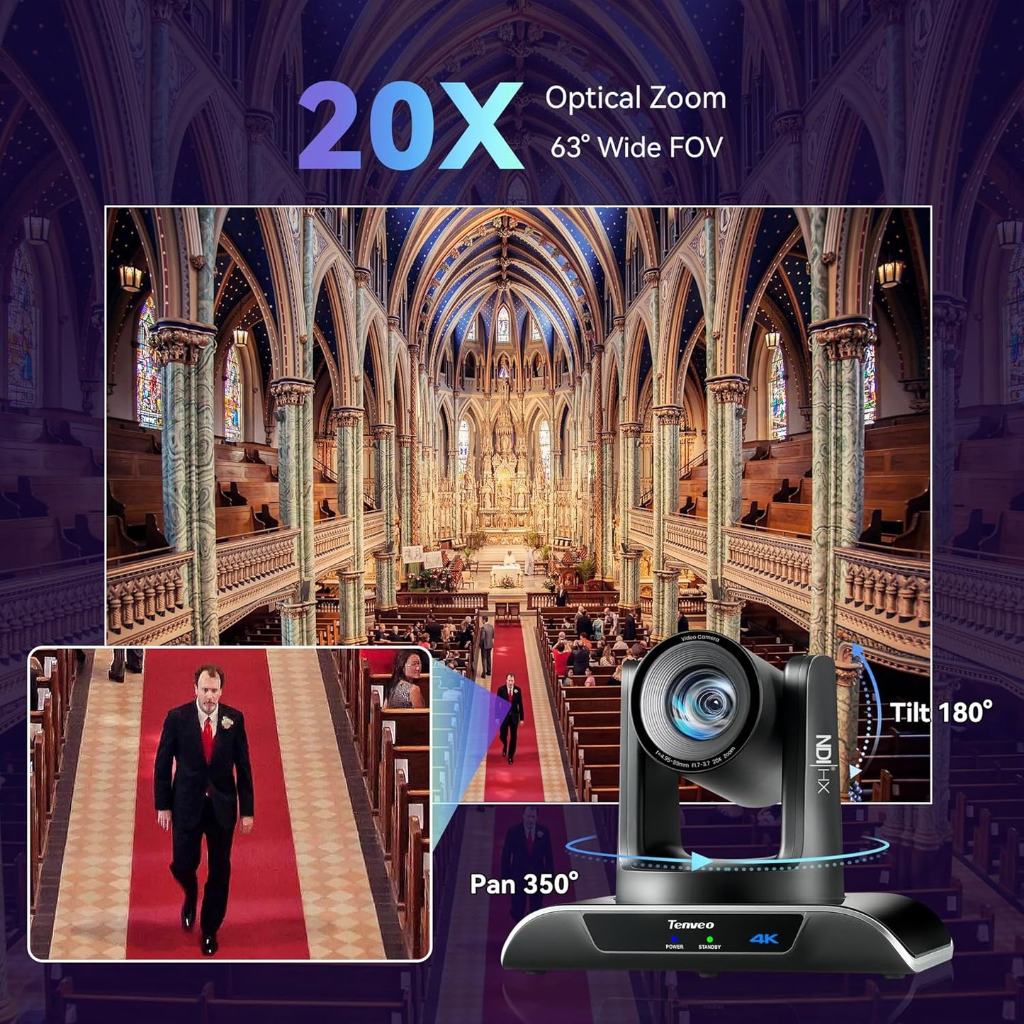 Tenveo 4K NDI PTZ Camera AI Humanoid & Face Auto-Tracking, HDMI/LAN/USB3.0 PoE PTZ Camera 20X Optical Zoom IP Live Streaming, for Church Services Worship Video Conference Live Streaming YouTube OBS