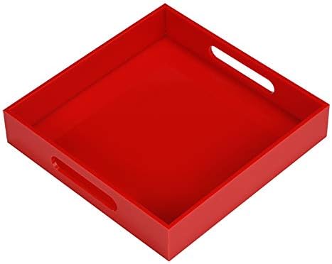 Sturdy Red Acrylic Serving Tray with Handles - 12x12 Inch - Coffee & Appetizer Platter - Kitchen Counter & Vanity Organizer