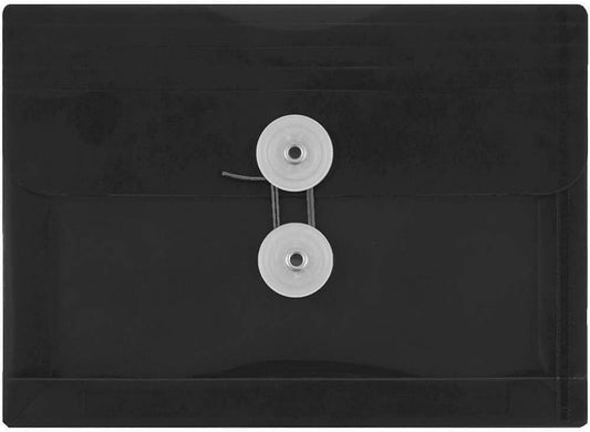 JAM PAPER Plastic Booklet Envelopes with Button & String Tie Closure - Index Size - 5 1/2 x 7 1/2 - Black - 12/Pack