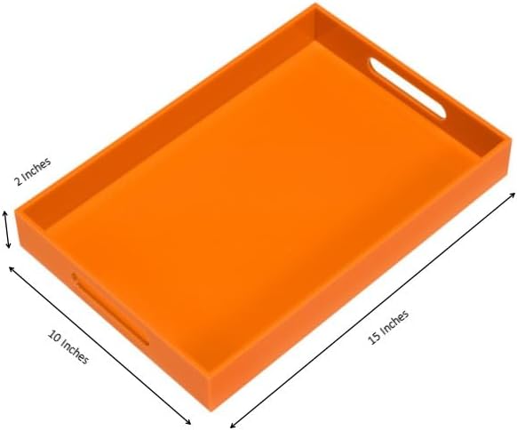 Orange Sturdy Acrylic Serving Tray with Handles-10x15Inch-Serving Coffee,Food,Breakfast,Butler-Kitchen Countertop Tray-Makeup Drawer Organizer-Vanity Table,Ottoman Tray-Decorative Tray
