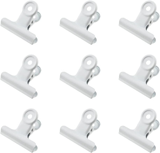 HAHIYO 2.5inch White Bulldog Clips Metal File Hinge Binder Clips Clamps Save Space Strong Spring Jaws Rock Solid Grip Book Lay Flat Deburred Edge for Hang Photos Wall Grid Dog Food 9PCS