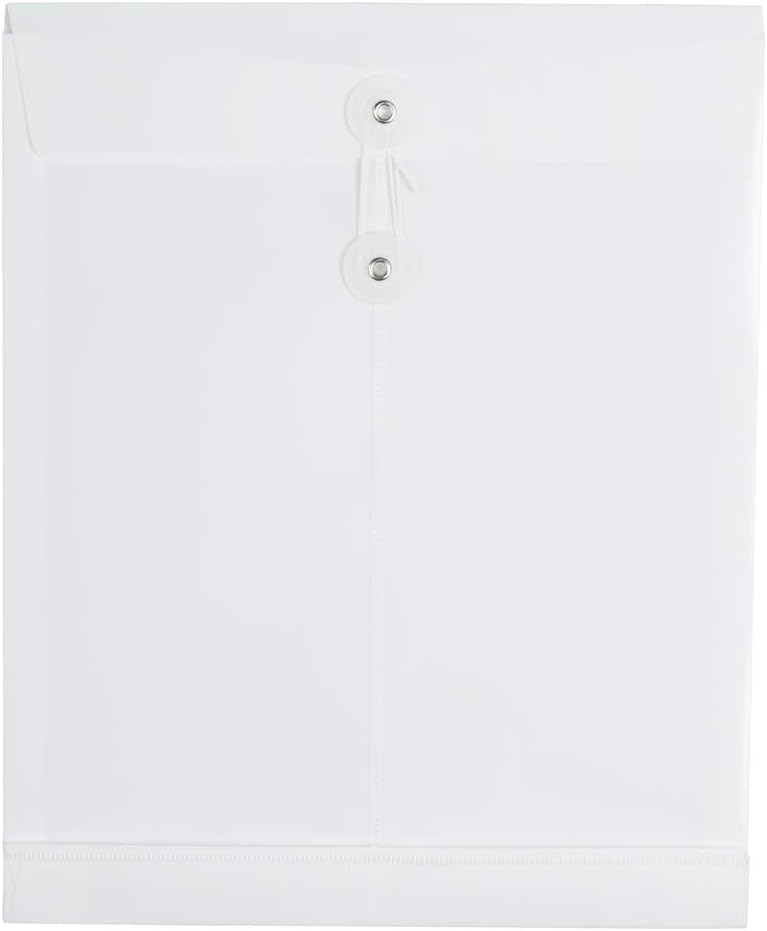 JAM PAPER Plastic Envelopes with Button & String Tie Closure - Letter Open End - 9 3/4 x 11 3/4 - White - 12/Pack