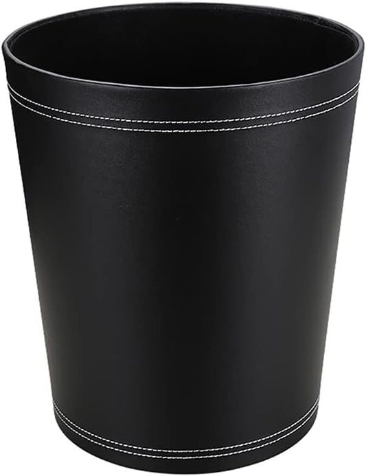 KINGFOM Classic Pu Leather Trash Can Wastebasket, Small Garbage Container Can for Bathrooms, Powder Rooms, Kitchens, Home, Office and and High Class Hotel Round Black