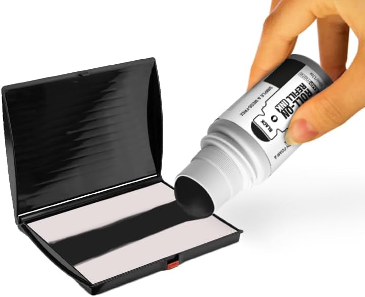 Roll-On Stamp Pad Ink Refill 50ml/1.7oz – Self Inking, Foam & Felt Pads – Easy-Use Roller Ball Applicator (Black)
