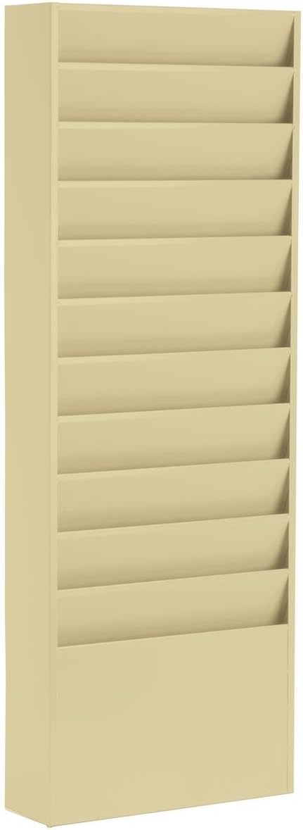 Durham Displays2go Hanging File Folder Rack with 11 Tiered Pockets, Wall Mount Office Organizer - Tan Powder-Coated Steel