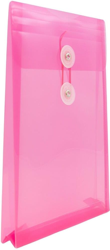 JAM PAPER Plastic Envelopes with Button & String Tie Closure - 6 1/4 x 9 1/4 - Fuchsia Pink - 3/Pack