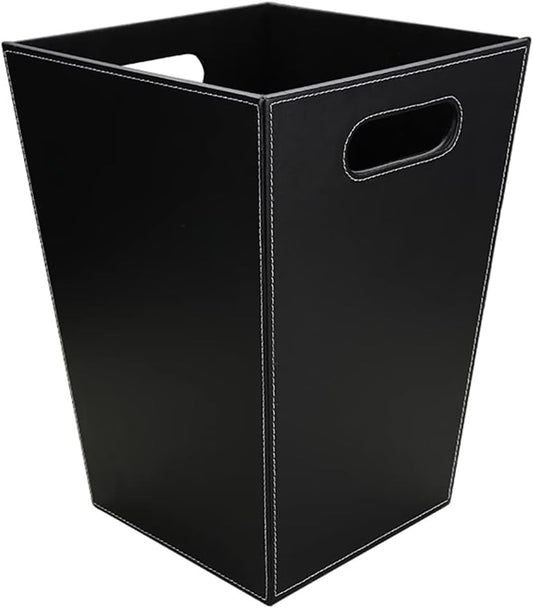 KINGFOM Classic Pu Leather Trash Can Wastebasket, Garbage Container Bin with Handles for Bathrooms, Powder Rooms, Kitchens, Home, Office and and High Class Hotel Square Black