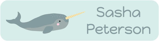 Name Bubbles - Custom Small Rectangle Name Labels for Kids (64 Labels) - Personalized Waterproof Name Stickers for Daycare, Lunch Boxes, Water Bottles, Shoes, School Supplies, & Camp (Narwhal)
