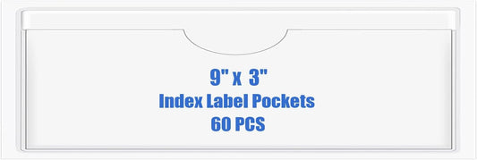 Origin-Joy 60 PCS Self Adhesive Index Card Pockets with Top Open, Clear Plastic Label Holder for Cards of Note, Library and Business, Adhesive Label Pockets & Card Holder (9 x 3 inch)