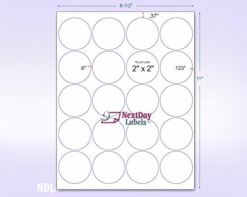 Pack of 25 Sheets, 8-1/2 x 11" Fluorescent Labels for Laser & Inkjet Printer (Yellow Fluorescent, 2" Round - 20 Per Page, 500 Labels)