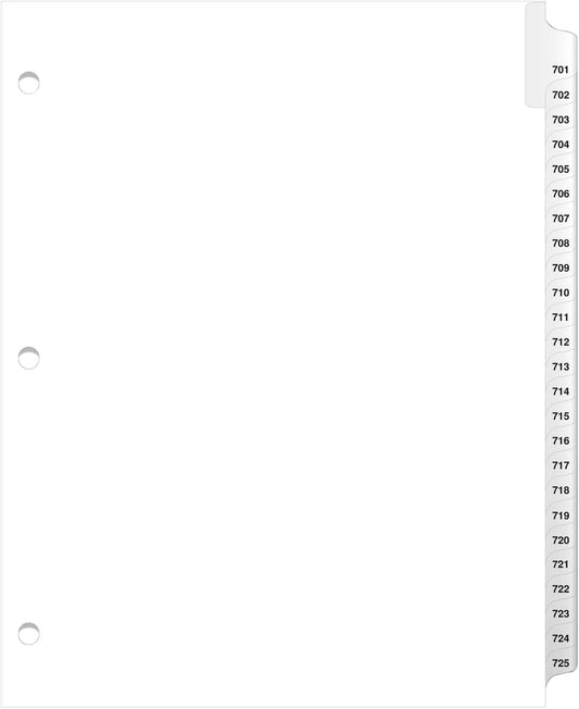 Exhibitindexes® 3 Hole Punched Side Collated Exhibit Tabs - AVE Style Bold Tabs Letter Size - 701-725-Set