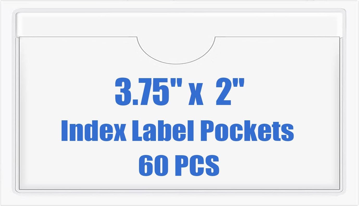 Origin-Joy 60 PCS Self Adhesive Index Card Pockets with Top Open, Clear Plastic Label Holder for Cards of Note, Library and Business, Adhesive Label Pockets & Card Holder (3.75 x 2 inch)