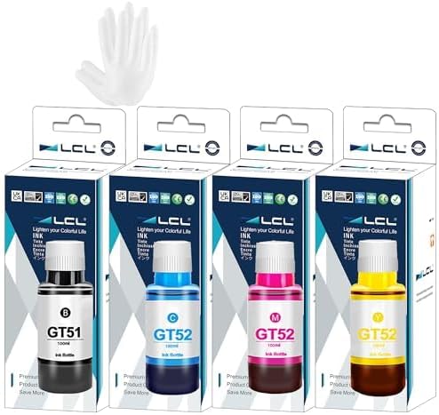LCL Compatible Ink Bottle Replacement for GT51 GT52 GT5810 5820 5811 5821 5822 118 310 311 315 318 319 410 411 415 416 418 419 (4-Pack Black Cyan Magenta Yellow)