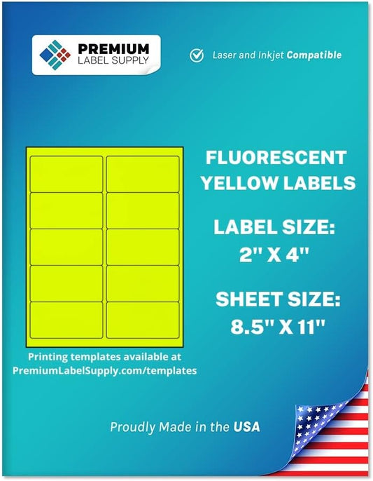 Premium Label Supply Bright Neon Color Fluorescent Stickers - 2" x 4" Labels - (Yellow Fluorescent, 5000 Labels)
