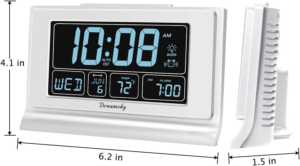DreamSky Alarm Clocks for Bedrooms with Battery Backup, Auto Set Digital Clock with Date and Day of Week, 5 Inch Large Display with Weekday Temperature, USB Ports, Auto DST, Brightness Dimmer, 12/24H