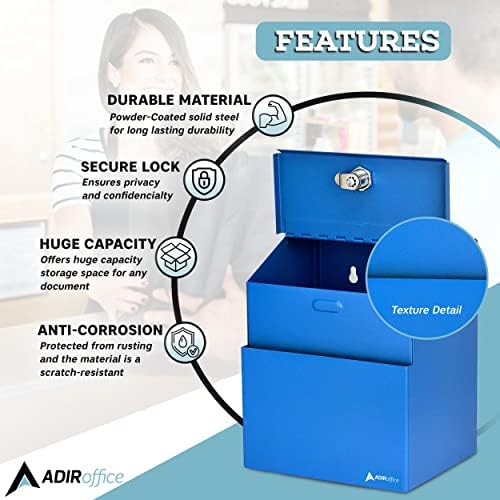 Adir Suggestion Box with Slot and Lock with 25 Comment Cards and Label Stickers, Blue