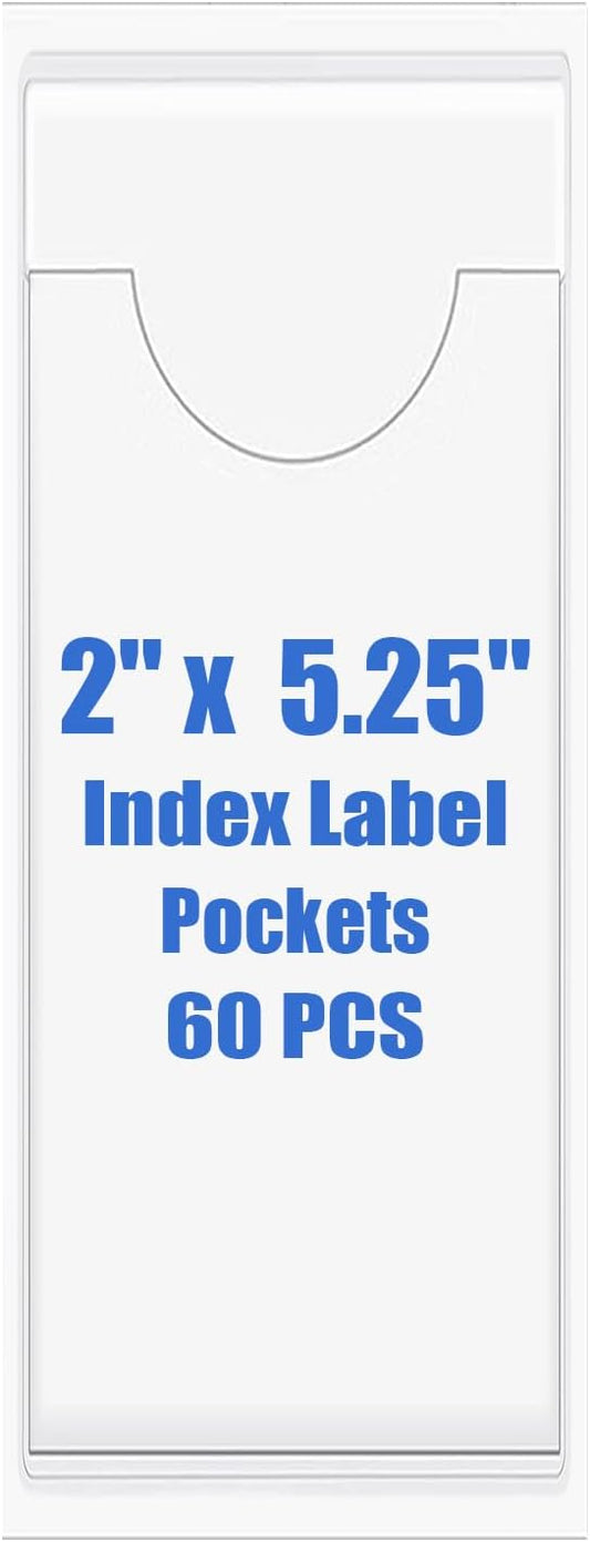 Origin-Joy 60 PCS Self Adhesive Index Card Pockets with Top Open, Clear Plastic Label Holder for Cards of Note, Library and Business, Adhesive Label Pockets & Card Holder (2 x 5.25 inch)