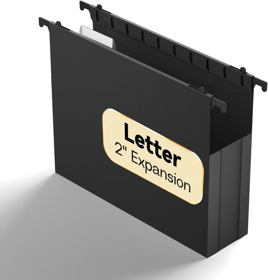 Plastic Hanging File Folder Expandable,Letter Size,Upgraded 2" Expansion Accordian Pocket,12 Pack Extra Capacity Hanging Folders,Adjustable Tabs,No Assembly,Heavy Duty for Filing Cabinet,Black