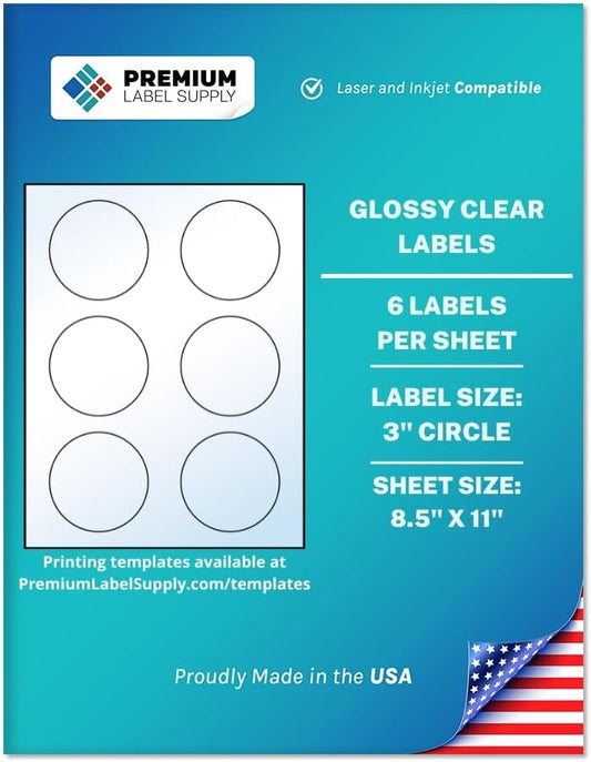 Premium Label Supply Glossy Clear Sticker Round Labels – 3" Circle – Laser/Inkjet Compatible – (6 per Sheet), 500 Sheets – 3,000 Total Adhesive Labels