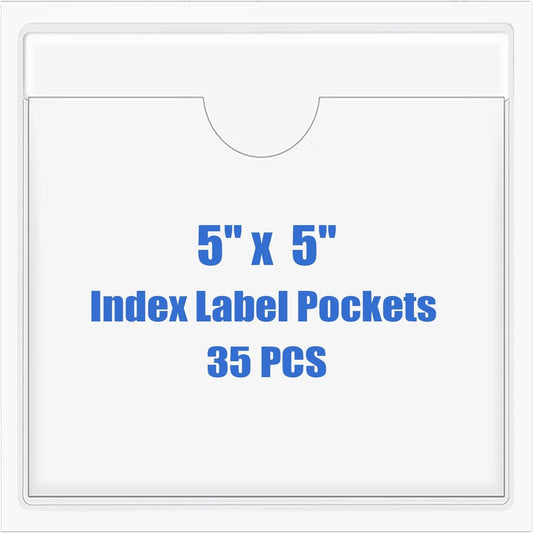 Origin-Joy 35 PCS Self Adhesive Index Card Pockets with Top Open, Clear Plastic Label Holder for Cards of Note, Library and Business, Adhesive Label Pockets & Card Holder (5 x 5 inch)